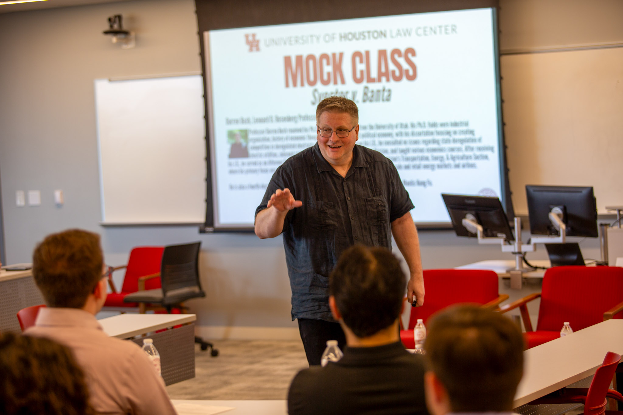 Professor Darren Bush teaches a mock class for admitted students at the University of Houston Law Center.
